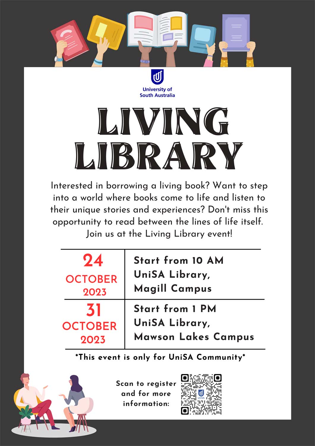 Information and QR code for Living Library sessions at UniSA